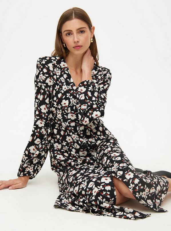 Black Floral Printed Long Sleeve Midaxi Tea Dress 14R